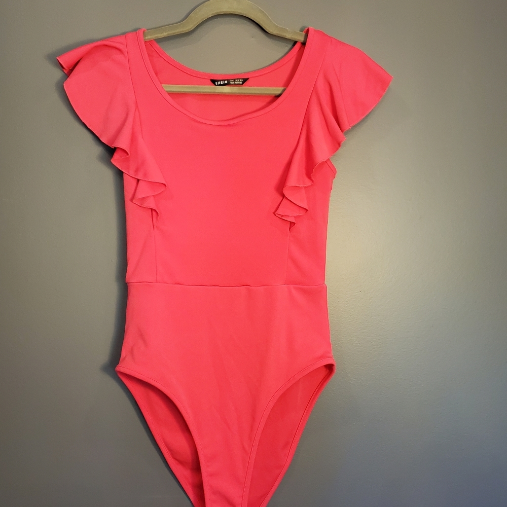 Shein Pink Ruffle Sleeve Bodysuit Size: S
